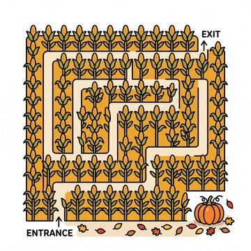 An engaging autumn corn maze puzzle vector illustration with corn stalks, entrance and exit markers, a orange pumpkin, and scattered fall leaves on a white background.   