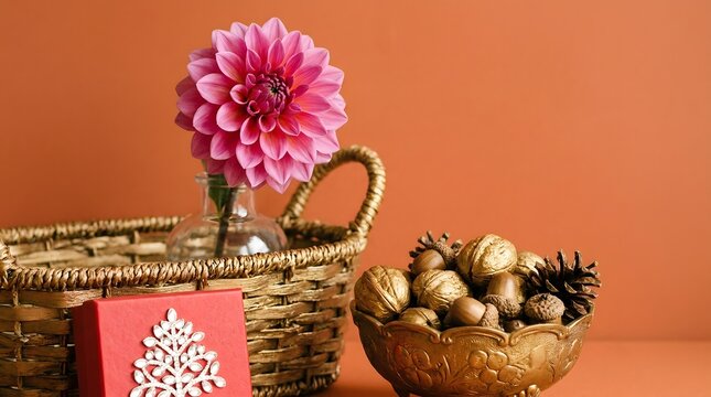 A beautiful festive composition featuring a pink dahlia flower inside a wicker basket with golden decorative ornaments for the diwali
