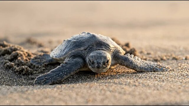 Sea turtle crawling across textured dark sand beneath warm natural light on a quiet beach