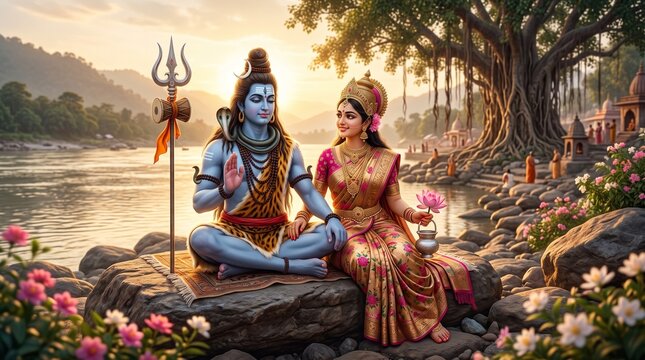 Lord Shiva and Goddess Parvati seated serenely on a rocky riverbank during a peaceful sunset.   