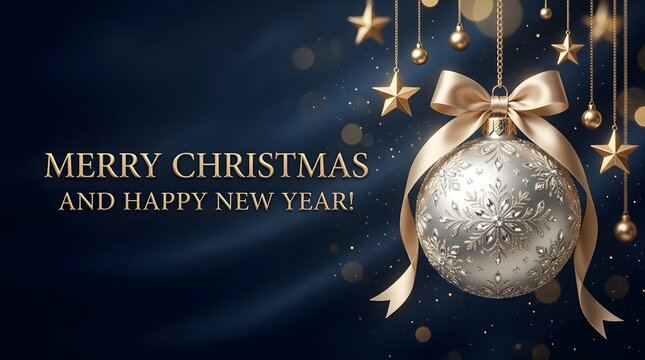 Elegant christmas ornament with gold ribbon on a dark blue background
