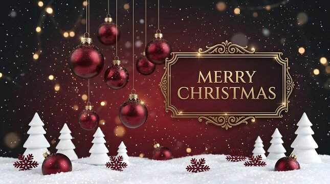 Beautiful elegant christmas scene with ornaments snow and festive golden lettering display