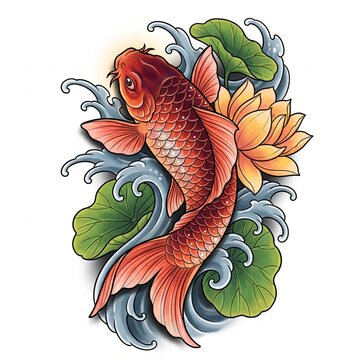 Vibrant Japanese tattoo style illustration of an orange koi carp swimming among blue ocean waves, lotus flower, and lily pads.