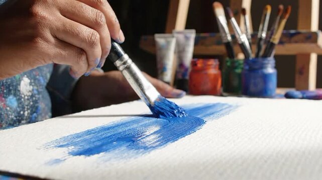 Close up of watercolor paintbrush in artist studio with paint tubes and brushes in the background