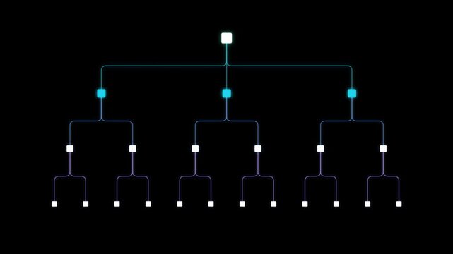 animated organizational chart structure, hierarchical business diagram, decision tree concept, data hierarchy, corporate structure, communication network, modern clean graphic