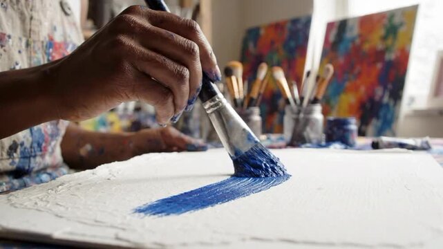 Close up of watercolor paintbrush in artist studio with various tools and canvases