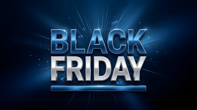 Dramatic black friday sale advertisement with metallic text and blue lighting