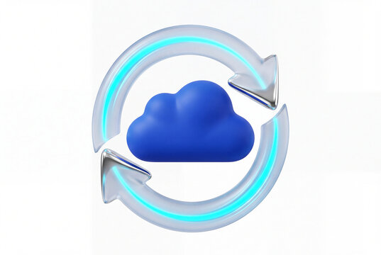 Icono 3D de sincronizaci&oacute;n de datos en la nube con flechas de cristal giratorias
