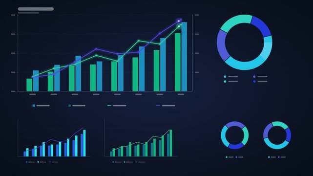 Digital dashboard displaying rising bar graphs, line charts, and pie charts with data visualization, analytics, and financial growth