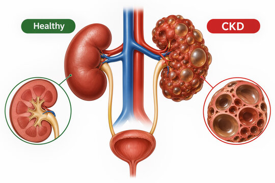Chronic Kidney Disease CKD human kidneys anatomy comparison illustration healthy kidney versus polycystic cystic kidney urinary system diagram medical concept