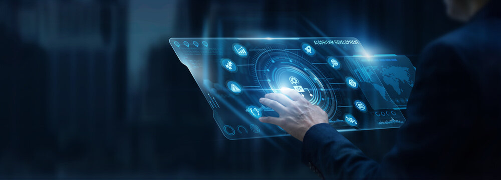 Businessman analyzing Algorithm development and coding data on digital screen. testing logic, optimizing processes, improving performance, analyzing models, supporting software innovation
