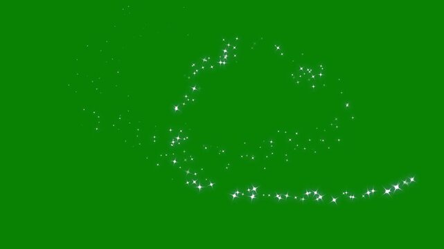 Twinkling star glitter line animation, glowing white particles, magical fairy dust, sparkling doodle stars, shimmering light trail, fantasy sparkle motion effect on green background, seamless 4K