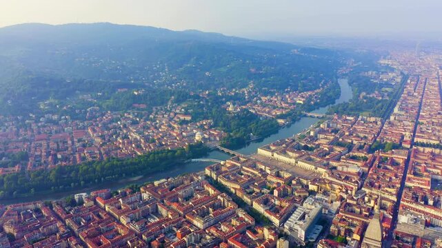 Turin, Italy. Flight over the city. Historical center, top view. Drone footage