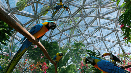 Fototapeta premium Massive Geodesic Dome Aviary with Macaws and Toucans in Lush Tropical Vegetation Sunlight Filtering Through Geometric Glass Panels Architecture Photography
