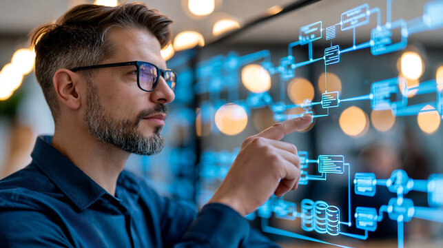 Faceless IT architect designing an AI agent workflow on a large transparent screen, interconnected tasks, APIs, cloud services and databases, agentic automation, enterprise