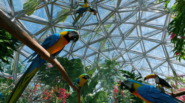 Massive Geodesic Dome Aviary with Macaws and Toucans in Lush Tropical Vegetation Sunlight Filtering Through Geometric Glass Panels Architecture Photography