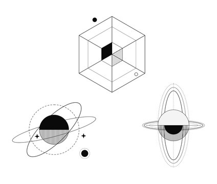 Set of geometric space and science icons, minimalist line art planets and cube structures isolated on transparent background