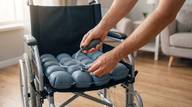 Close-up of hands inflating a pressure relief air cushion on a wheelchair to prevent pressure ulcers and improve comfort