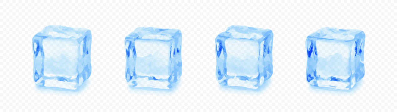 Easy to edit layered vector shadow. Four blue ice cubes arranged in a clean row with translucent crystalline facets. Adjust tonal layer opacity to control shadow intensity and perceived softness.