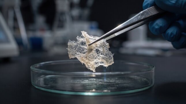 Laboratory tweezers holding a translucent tissue sample over a petri dish, capturing regenerative medicine and biological engineering for biotech marketing and life science research.