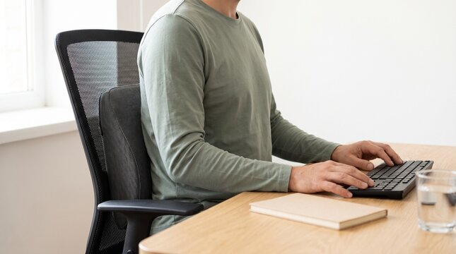 Professional Adult Man Working on a Computer at a Wooden Desk in a Bright Modern Office Environment