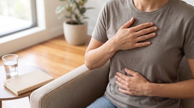 Mature woman experiencing sudden chest pain and abdominal discomfort while resting in a living room chair