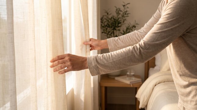 Close-up of a person opening light cream curtains to let natural sunlight into a cozy bedroom