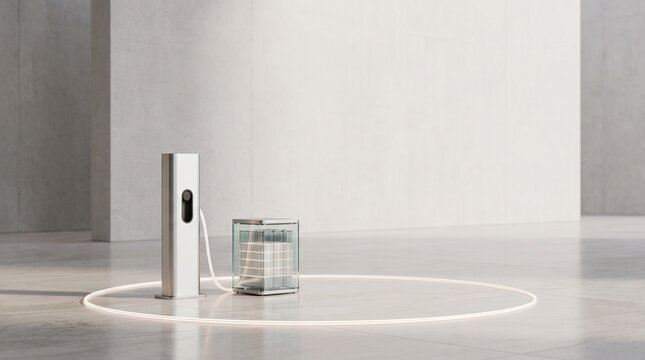 Futuristic charging station providing wireless power to a glowing glass cube module on a clean polished concrete studio floor surface