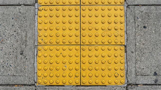 Bright yellow tactile paving tiles for blind and visually impaired people on a gray concrete sidewalk floor