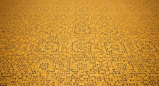 Ancient golden mosaic pavement showcases intricate geometric craftsmanship and historical artistry, spreading across an expansive stone floor within an archaeological heritage site exhibition
