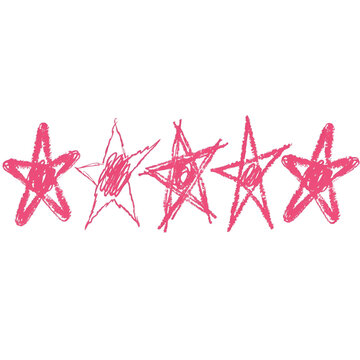 Hand drawn pink crayon stars set isolated on white background