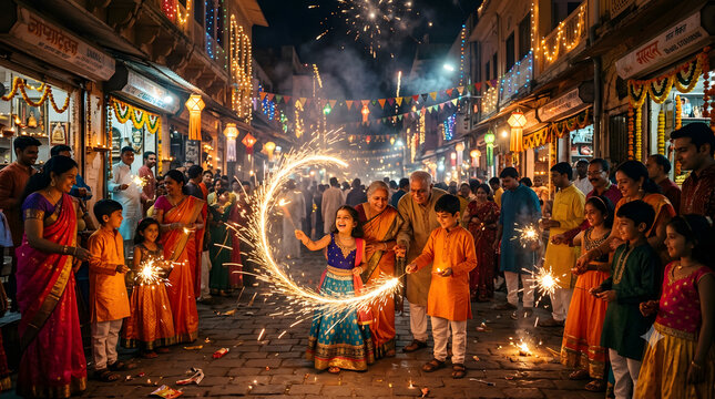 Happy Indian Family Celebrating Diwali by Burning Flower Pot Firecrackers and Sparklers on Decorated Street at Night with Fireworks and Lights