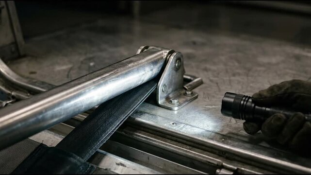 Strap tensioner securing a webbing belt on a worn metal work surface in low light