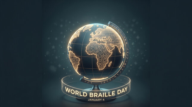 A glowing digital globe made of light dots resting on a dark background for celebration with luminous globe composed golden light points stands dark surface celebrate awareness day