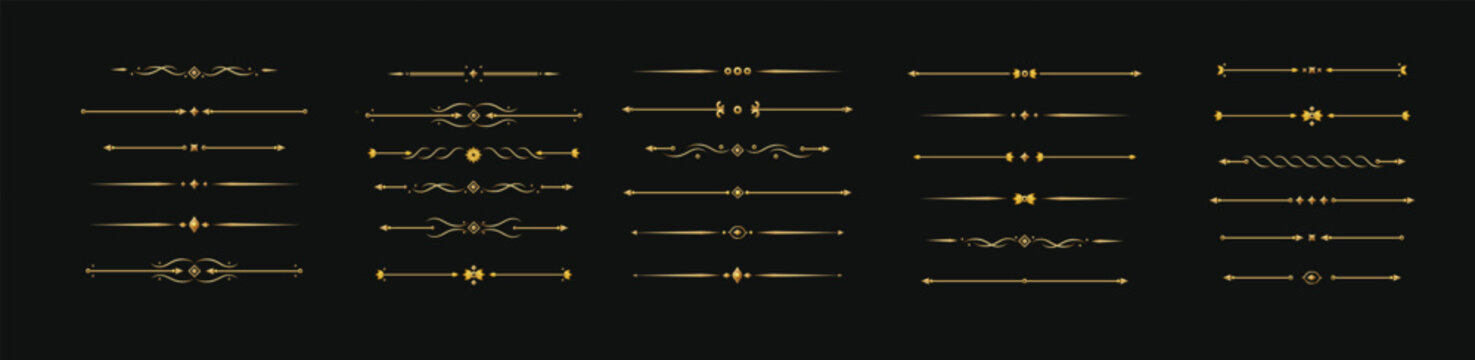 Elegant gold divider with ornate flourishes and vintage luxury details. Perfect decorative border element for premium invitations and classic design projects. Vector