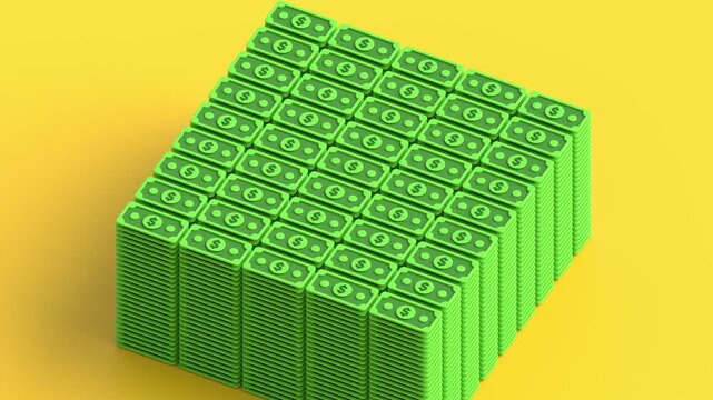 Growing money stacks 3D animation for wealth and cash reserves