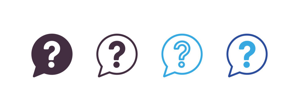 FAQ icon set with speech bubbles and question marks for help centers, customer support, messaging, answers, information, and online assistance.