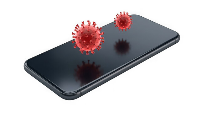 Red virus cells floating above a smartphone screen isolated on transparent background