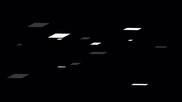 Abstract digital glitch effect with floating white light rectangles on black background.