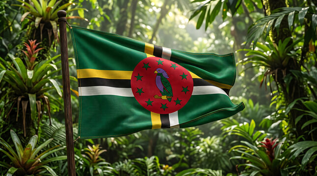 Brown and green dutch caribbean flag waving in lush tropical forest with vibrant foliage