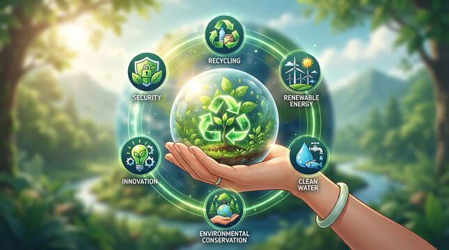 Hand holding earth with green energy icons