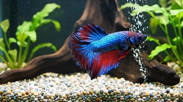 Beautiful Blue and Red Betta Fish Swimming Gracefully in a Peaceful Aquarium with Green Plants and Bubbles