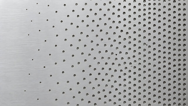 Close-up of a brushed metal surface with a gradient pattern of perforated holes, varying in size and density.