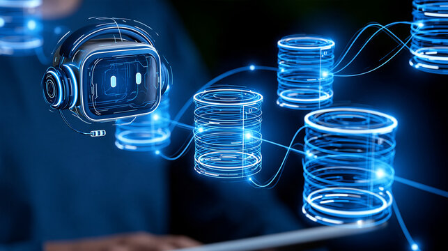 Futuristic customer service AI agent automatically routing a request through several specialized digital systems, intelligent customer support, workflow orchestration, cloud