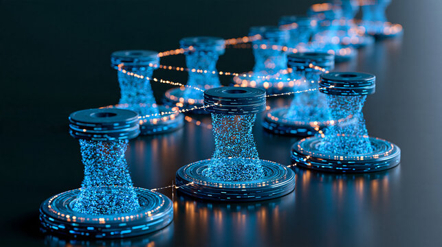 Futuristic data pipeline with AI agents cleaning, validating and routing information between cloud databases, intelligent data engineering, automated workflows, data governance,