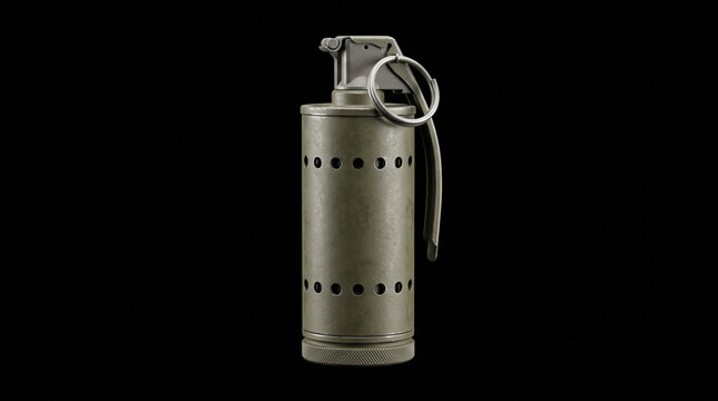 A tactical stun grenade device with a pull ring isolated on a solid black background with military style cylindrical lever stands against three dimensional preparedness