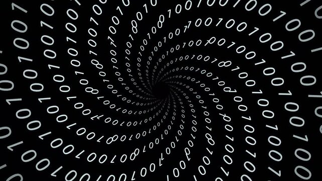 Binary code spiral animation background featuring spinning white numbers video motion