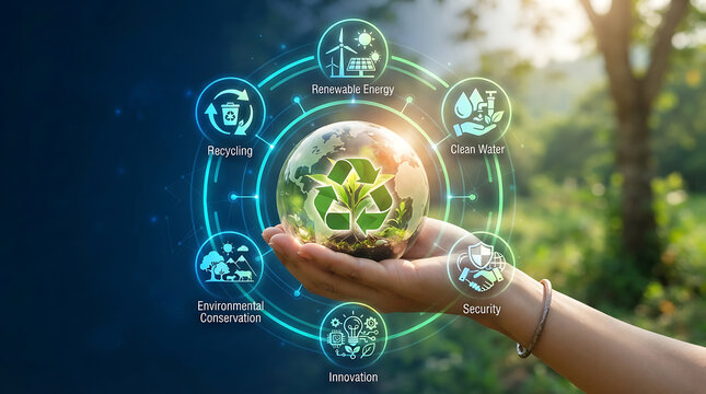 Hands holding earth globe in nature