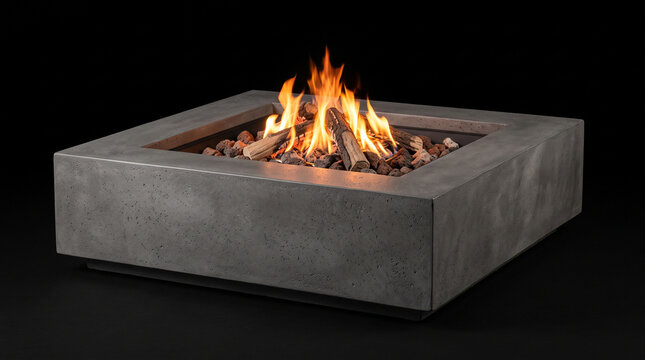 A square concrete fire pit burning with bright orange flames against a solid black background with embers dark background logs glowing embers modern square burns logs