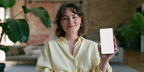 Plakat Young woman holding smartphone with blank screen for app mockup and mobile wallpaper presentation in living workspace